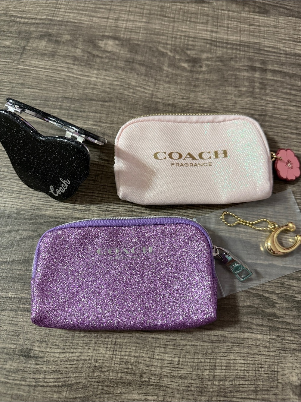 COACH Bundle: Pink & Purple Glitter small zip pouches & Butterfly Mirror
